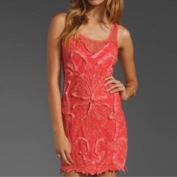 Free People Dresses & Skirts - Free People Pink Mesh Beaded Bodycon Butterfly Mini Dress Sz. Small
